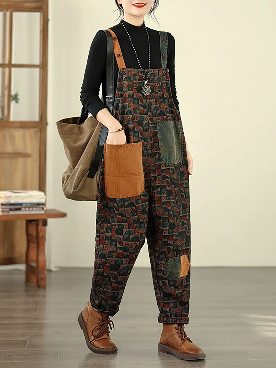 Women Vintage Patchwork Cotton Loose Denim Jumpsuits