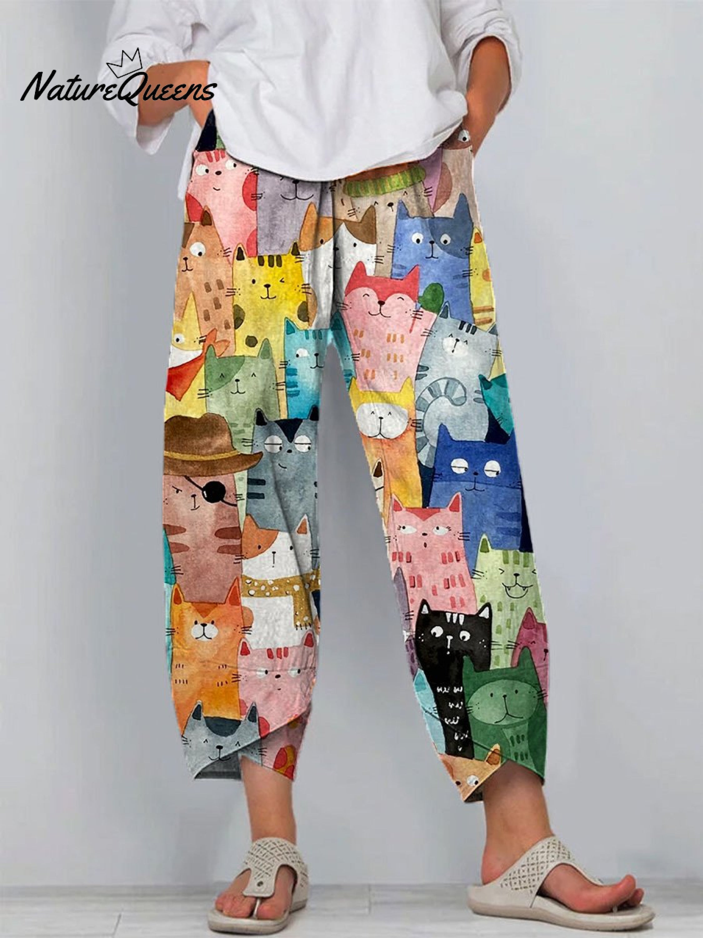 Watercolor Cute Cats Repeat Pattern Printed Women's Cotton And Linen Casual Pants
