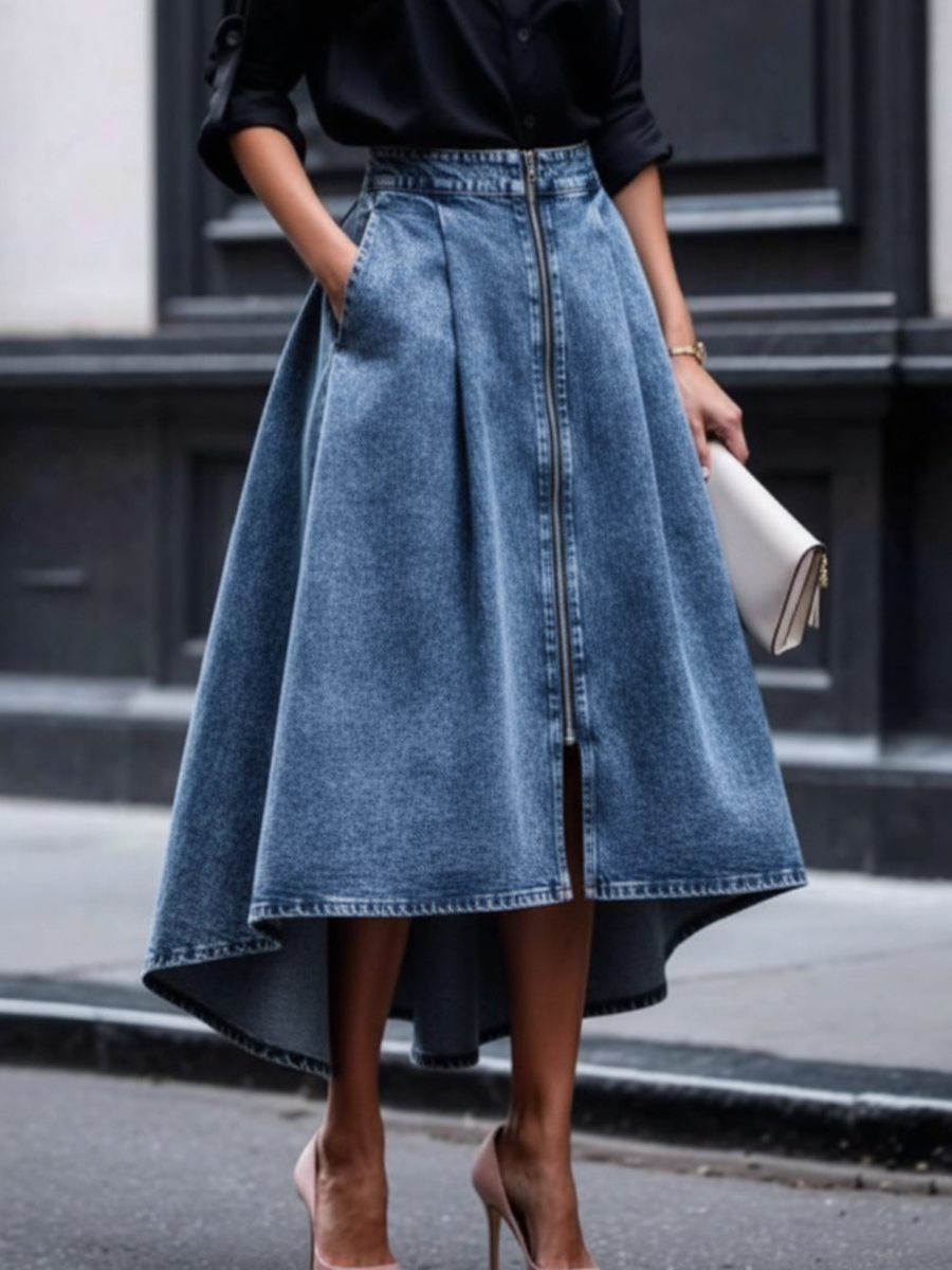 Elegant Zippered Irregular Hem Denim Skirt
