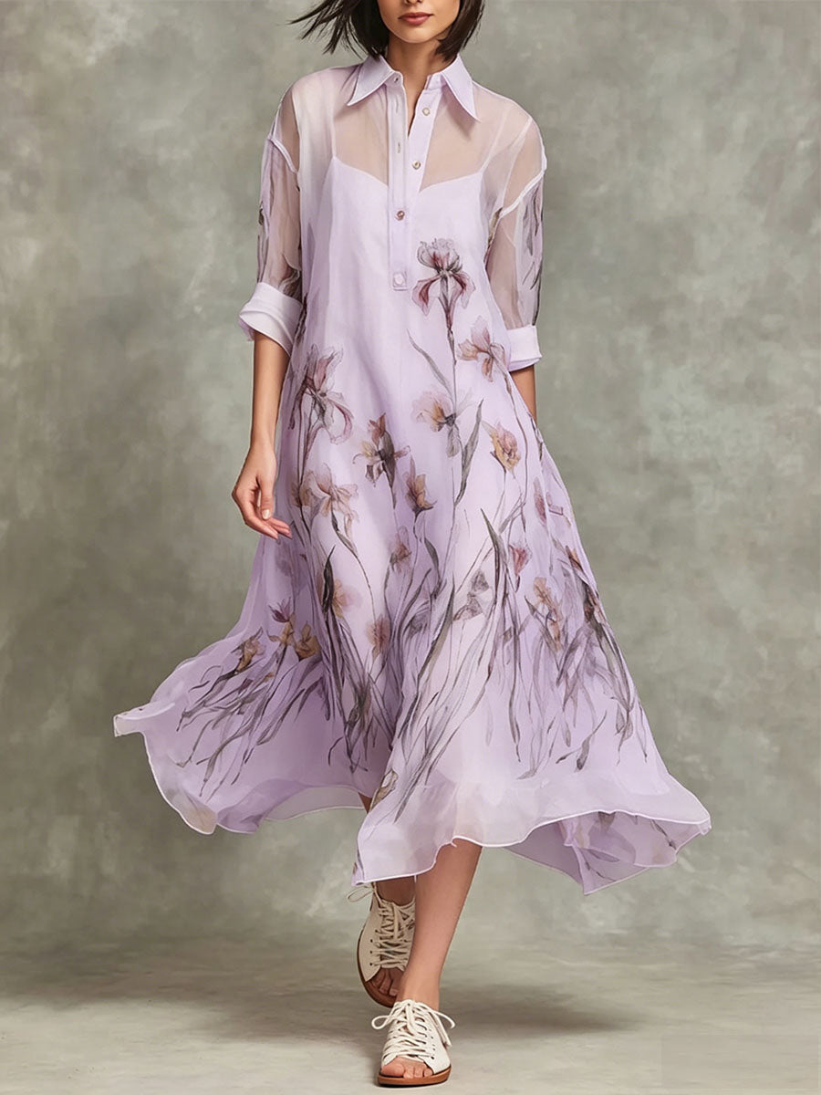 Women's Casual Loose Chiffon Dress Set: Collared 3/4-sleeve Dress With Placement Print