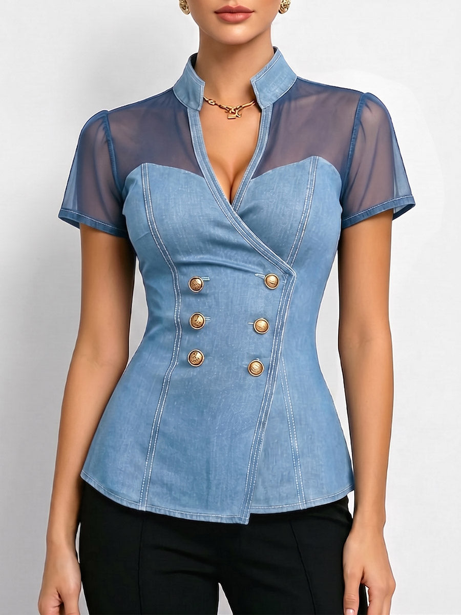 Women's V-neck Short-sleeve Casual Loose Denim-paneled Top