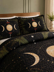 Moonlit Mushroom Forest Quilted 3-Piece Bedding Set – Dark Botanical Quilted Bedding With Matching Pillow Shams