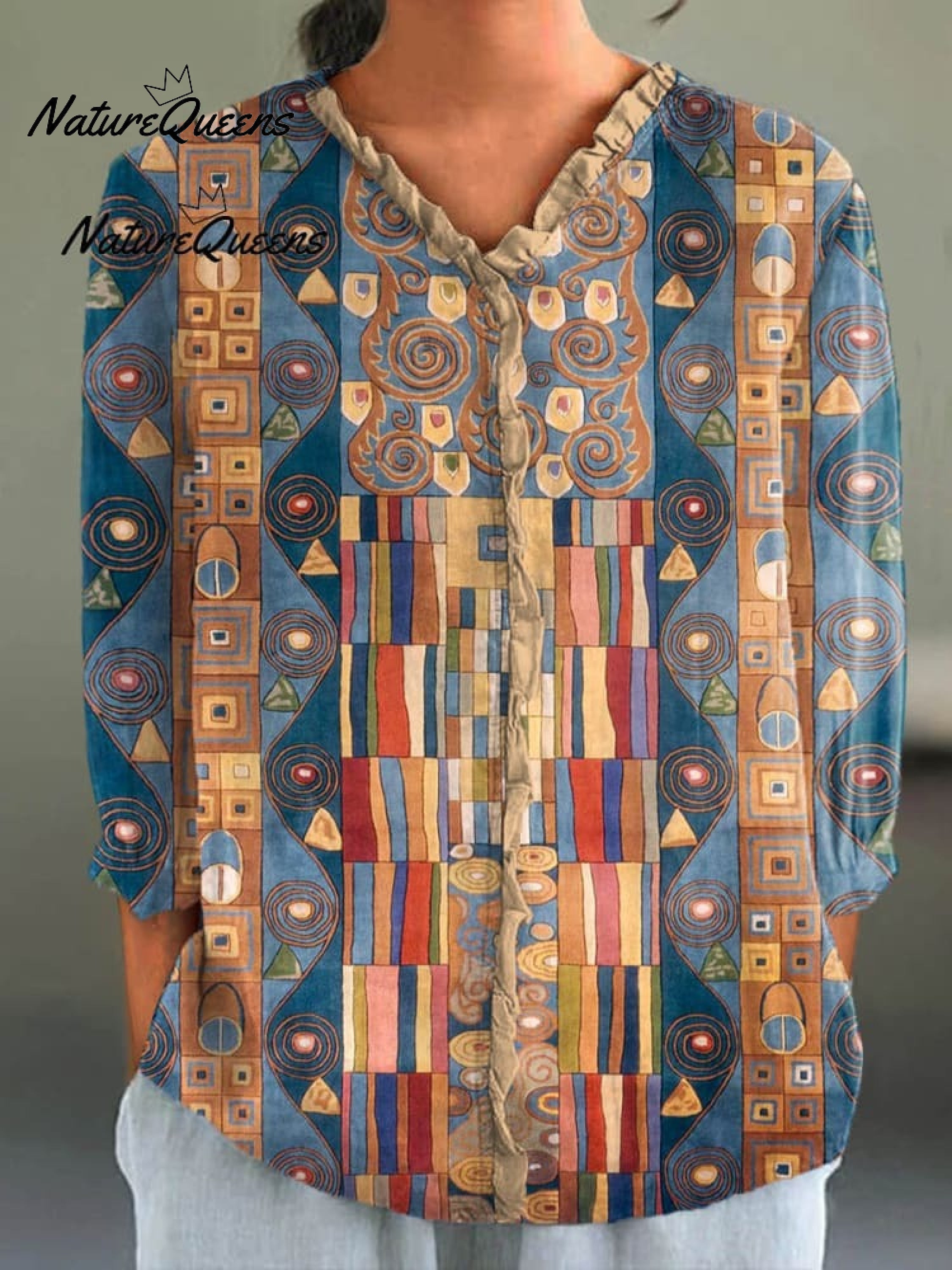 Women's Abstract Geometric Pattern Art Print Casual Cotton And Linen 3/4 Sleeve Shirt
