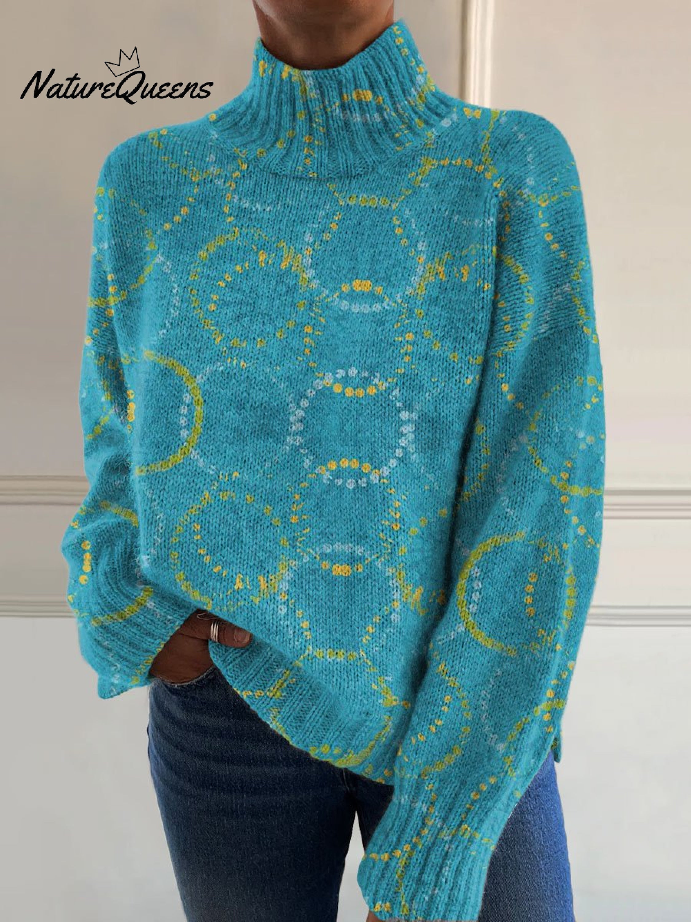 Bright Circle Art Print Knit Turtleneck Pullover Sweater