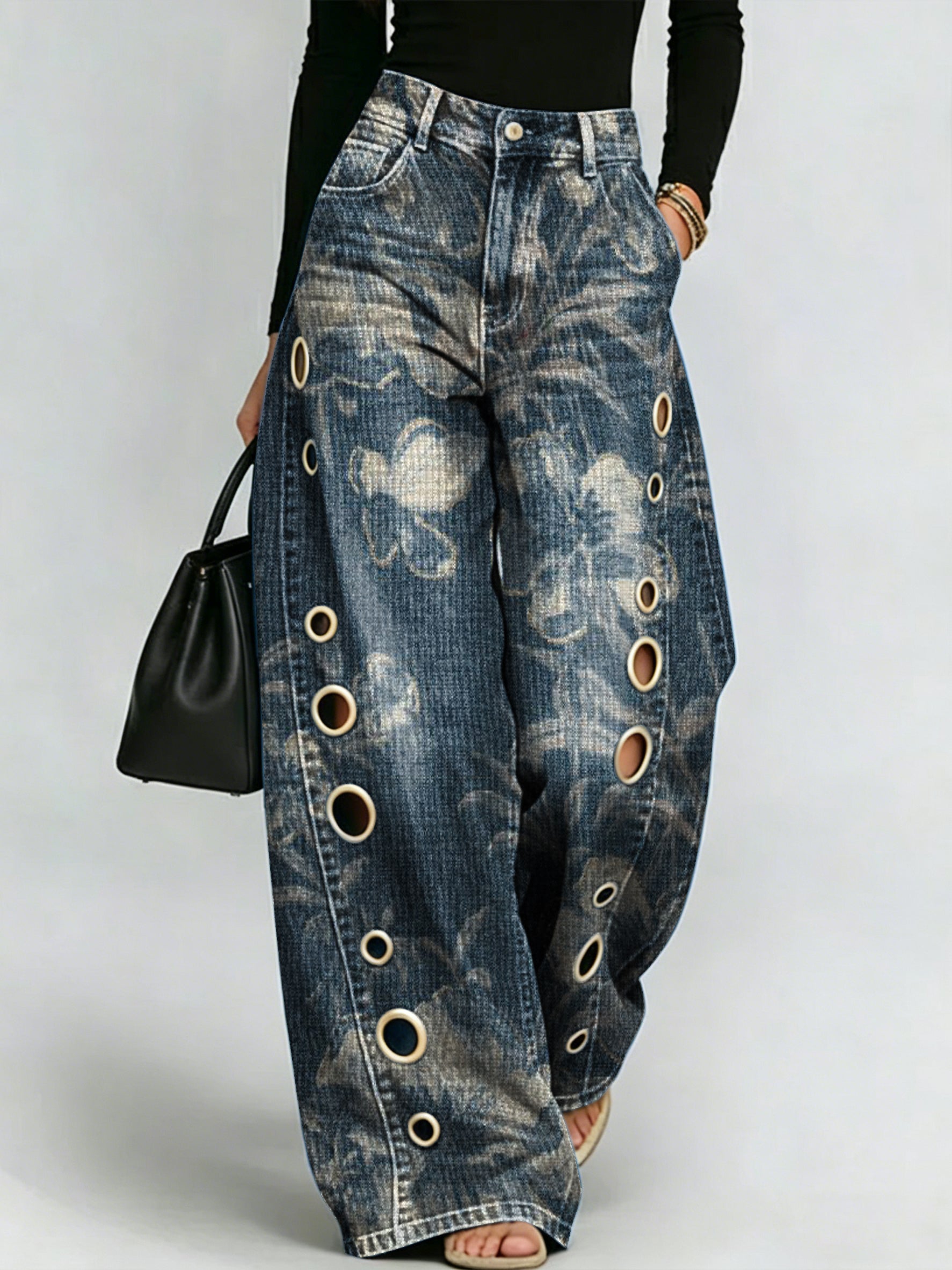 Retro Floral Print, Metal Eyelet-detail, Drapey Wide-leg Jeans