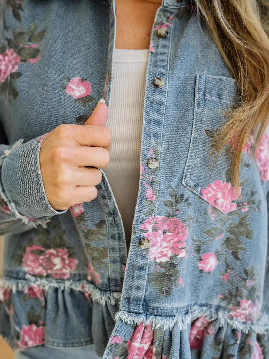 Women's Vintage Washed Floral Print Denim Jacket