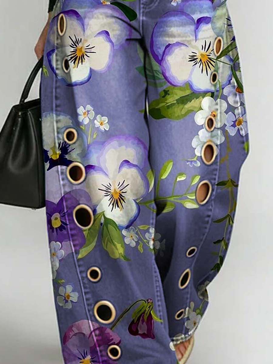 Women's Retro Floral Art Print Casual Stylish Hollow Denim Pants