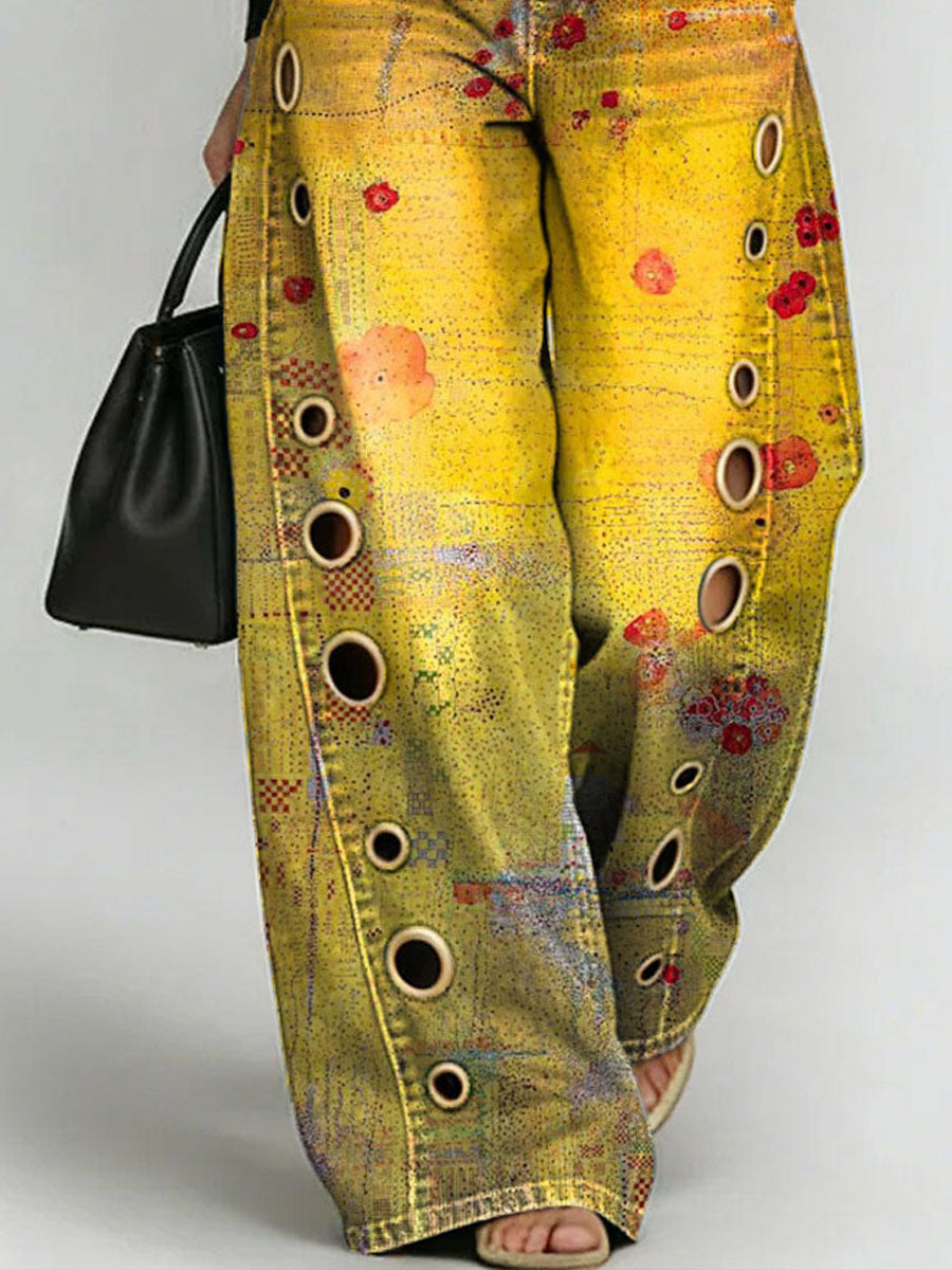 Women's Vintage Print Casual Fashion Cutout Jeans