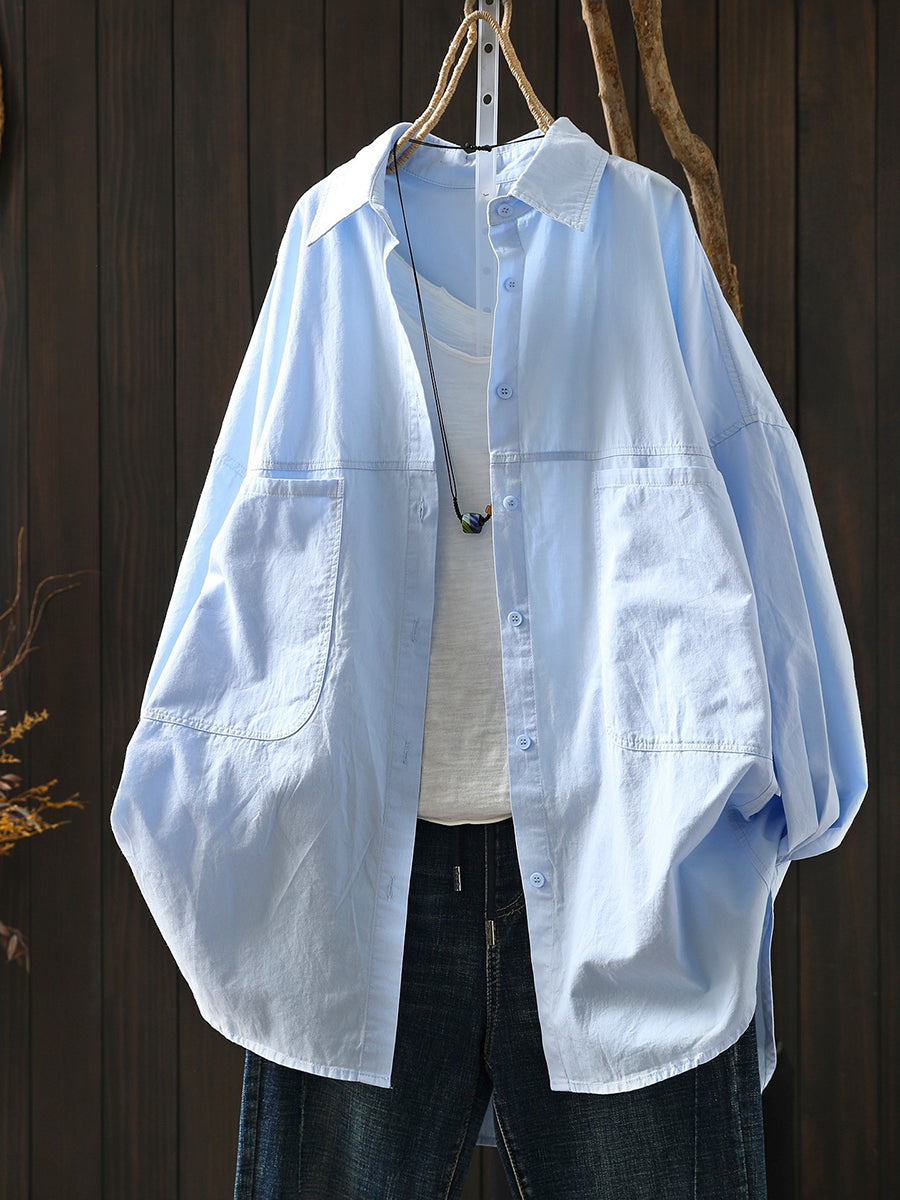 Women Spring Casual Pure Color Turn-down Collar Shirt