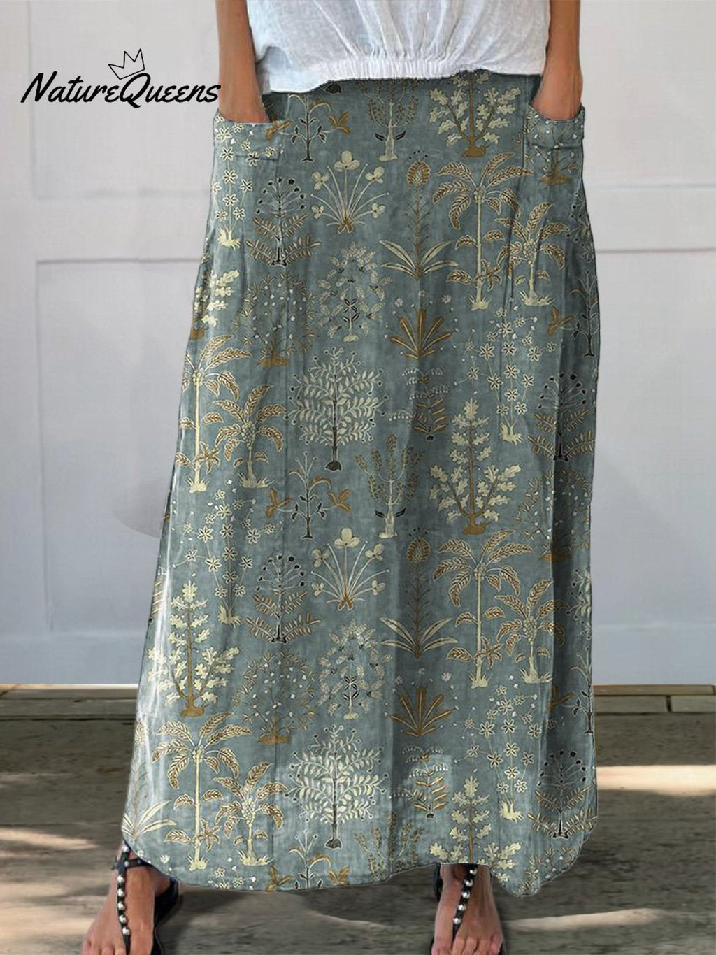 Woodland Vegetation Pattern Printed Women's Linen Elastic waistband Pocket Skirt