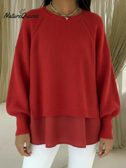 Women's Comfortable Patchwork Faux Two-piece Lantern Sleeve Sweater