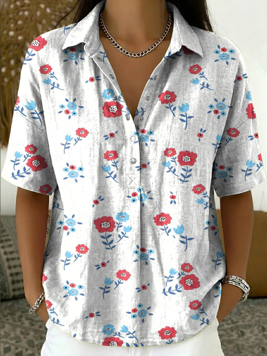 Women's Vintage Floral Art Print Cotton-linen Short-sleeve Shirt