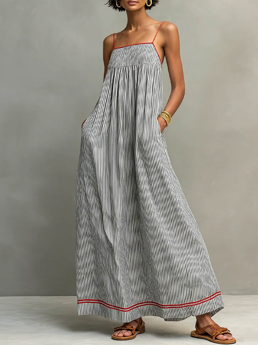 Women's Striped Print Square-neck Sleeveless Casual Loose-fit Cotton-linen Sundress