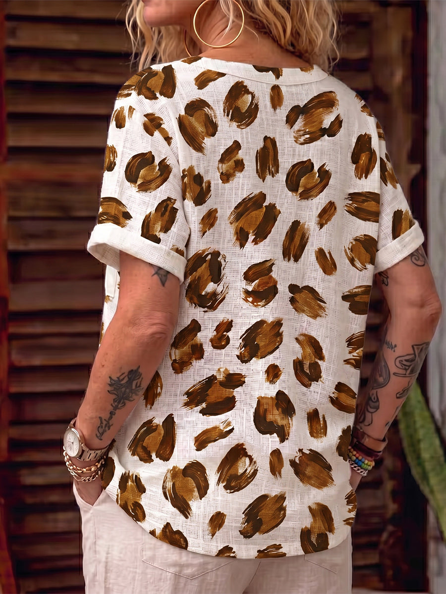 Boho Casual Brushstroke Leopard Print Cotton-linen Shirt