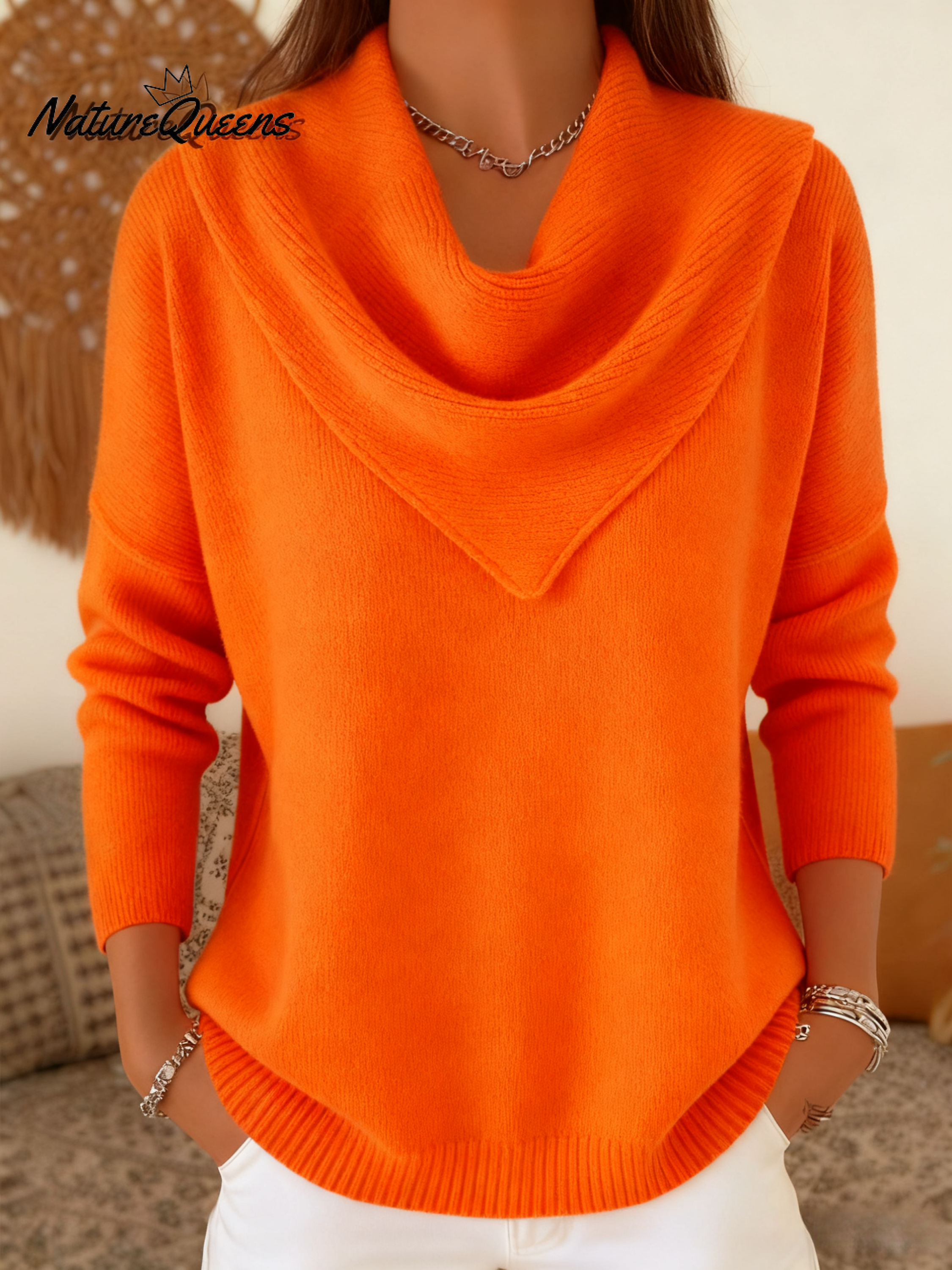 Elegant Retro Soft Triangle Neck Solid Color Sweater Top