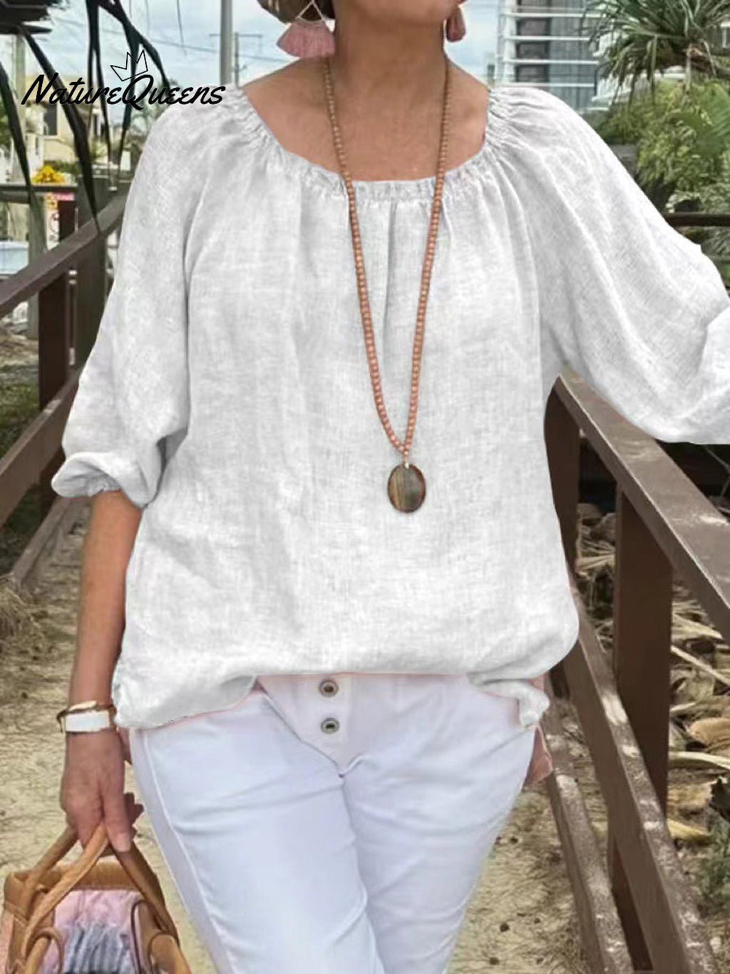 Women's Casual Solid Color Round Neck Pullover Cotton And Linen Shirt