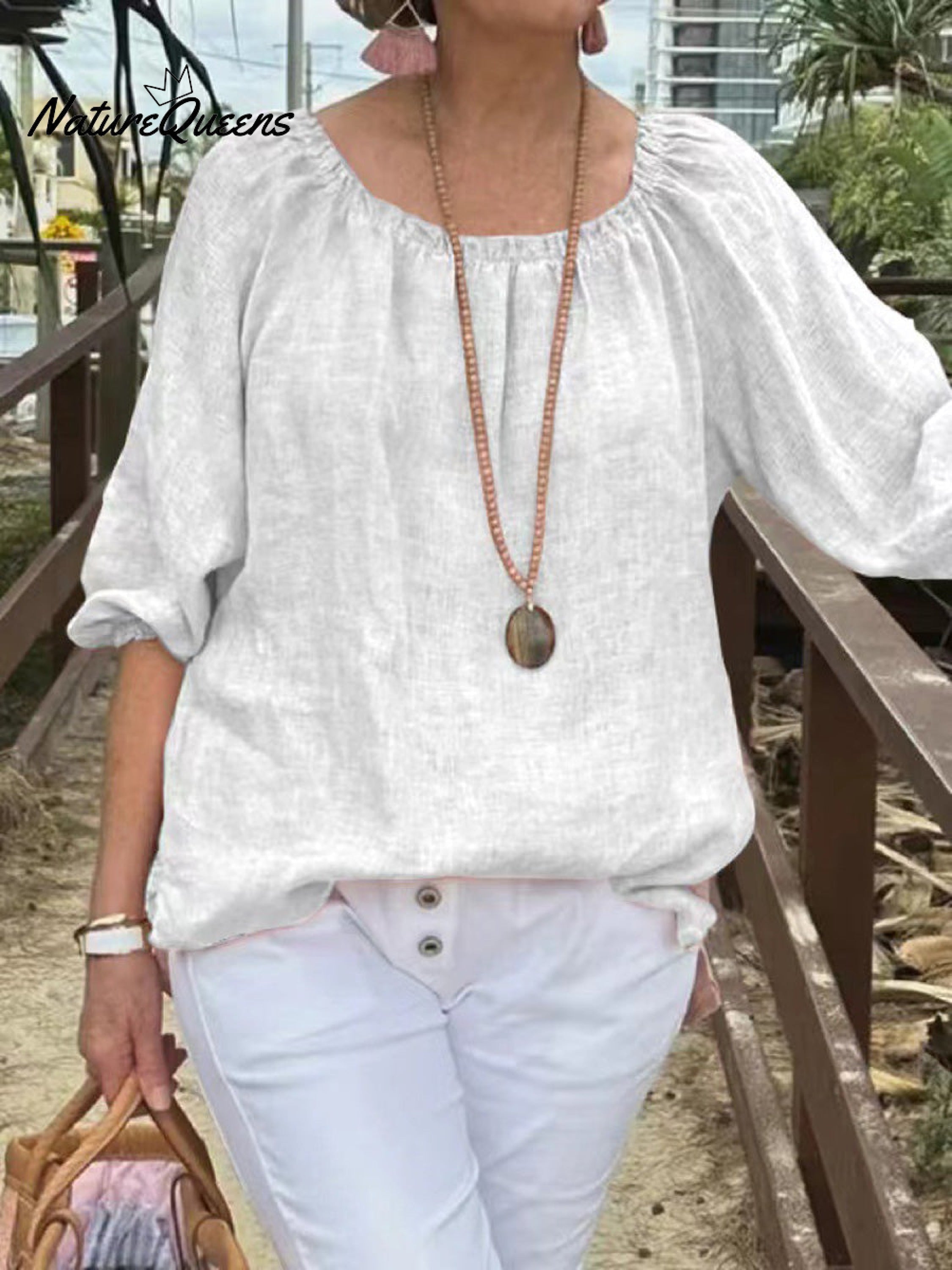 Women's Casual Solid Color Round Neck Pullover Cotton And Linen Shirt