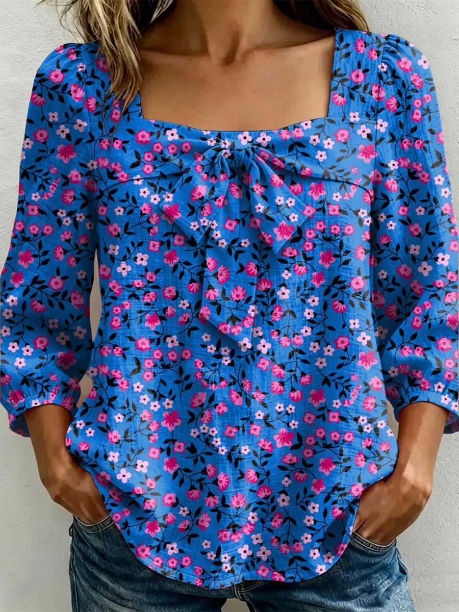 Vintage Elegance Flower Decorative Pattern Women's Long Sleeve Linen Cotton Shirt