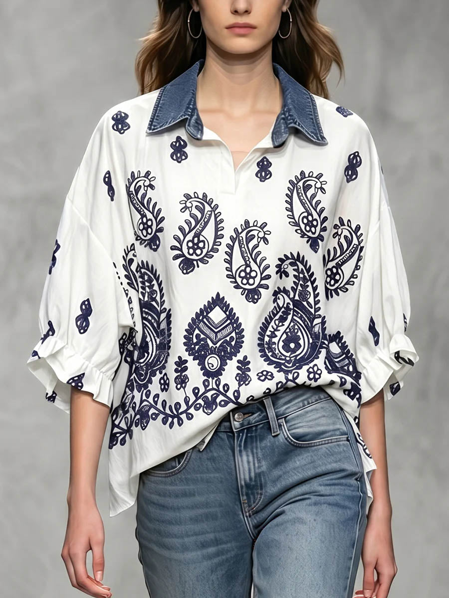 Women's Ethnic Print Cotton Top — Collared 3/4-sleeve Casual Loose Fit