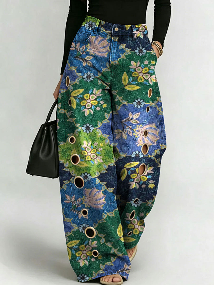 Women's Retro Flowers Pattern Printed Stylish Cutout Casual Denim Jeans