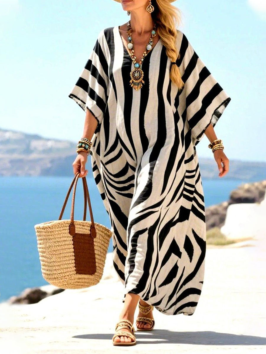 Women's Loose-fit Striped Cotton-linen Casual Vacation Dress