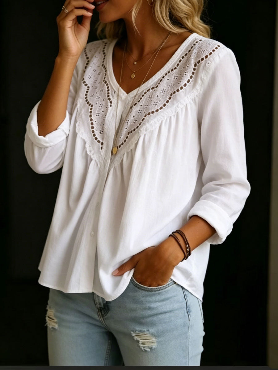 Women's Crocheted Openwork Lace Long-sleeve V-neck Shirt