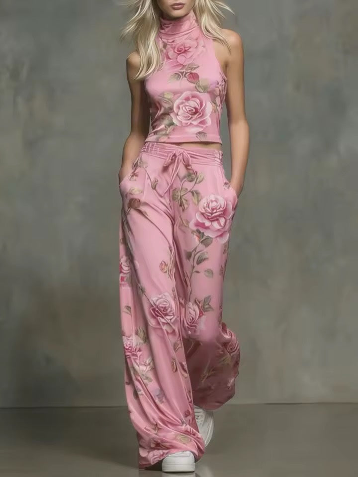 Stylish And Elegant Floral Print Sleeveless Top And Pants Two-piece Set