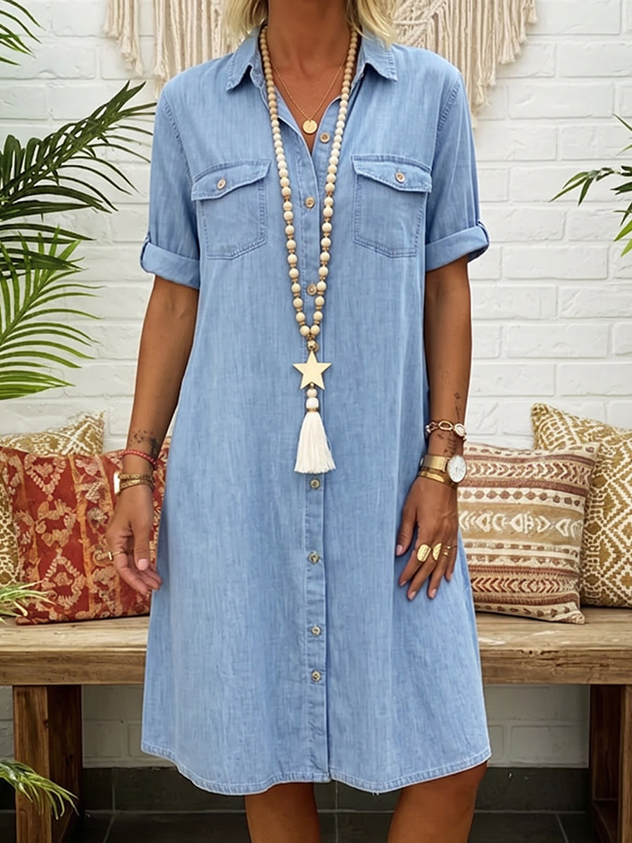 Casual Polo-collar Button-down Denim Dress