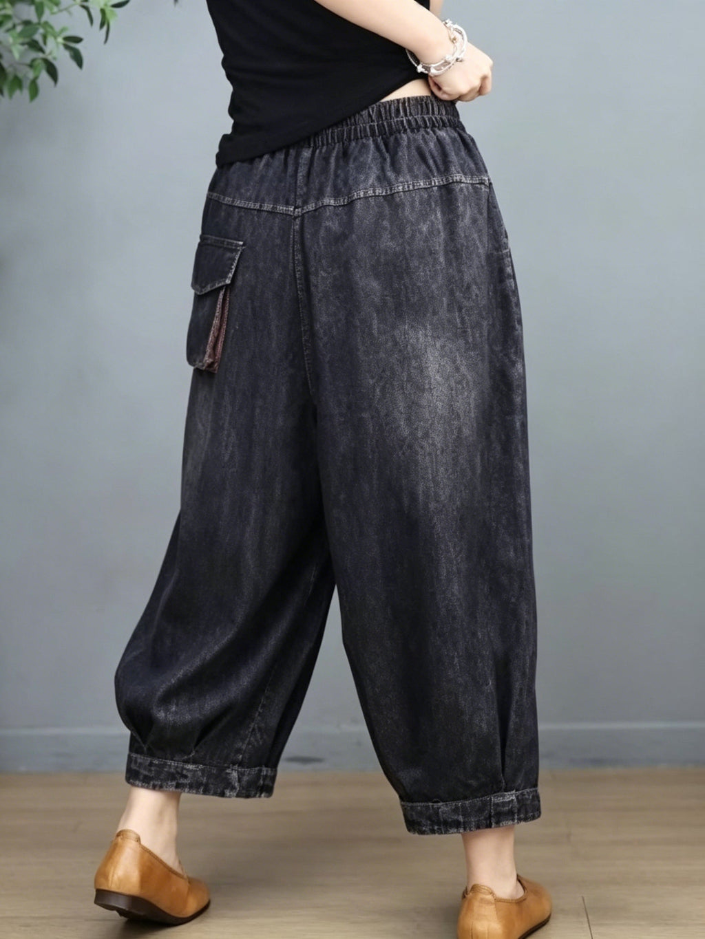 Washed Denim Cropped Balloon Pants With Elastic Waist And Large Patch Pockets