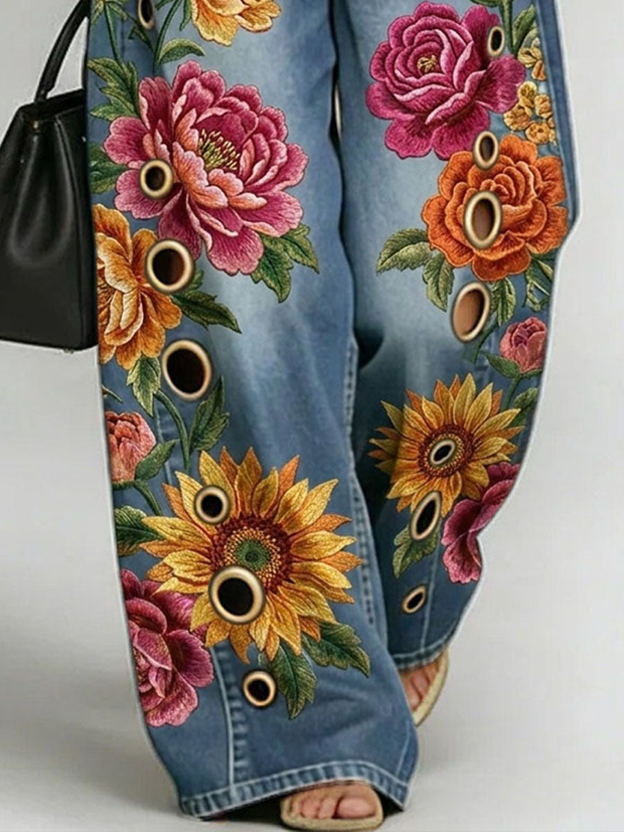 Women's Retro Flower Print Casual Fashion Cutout Jeans