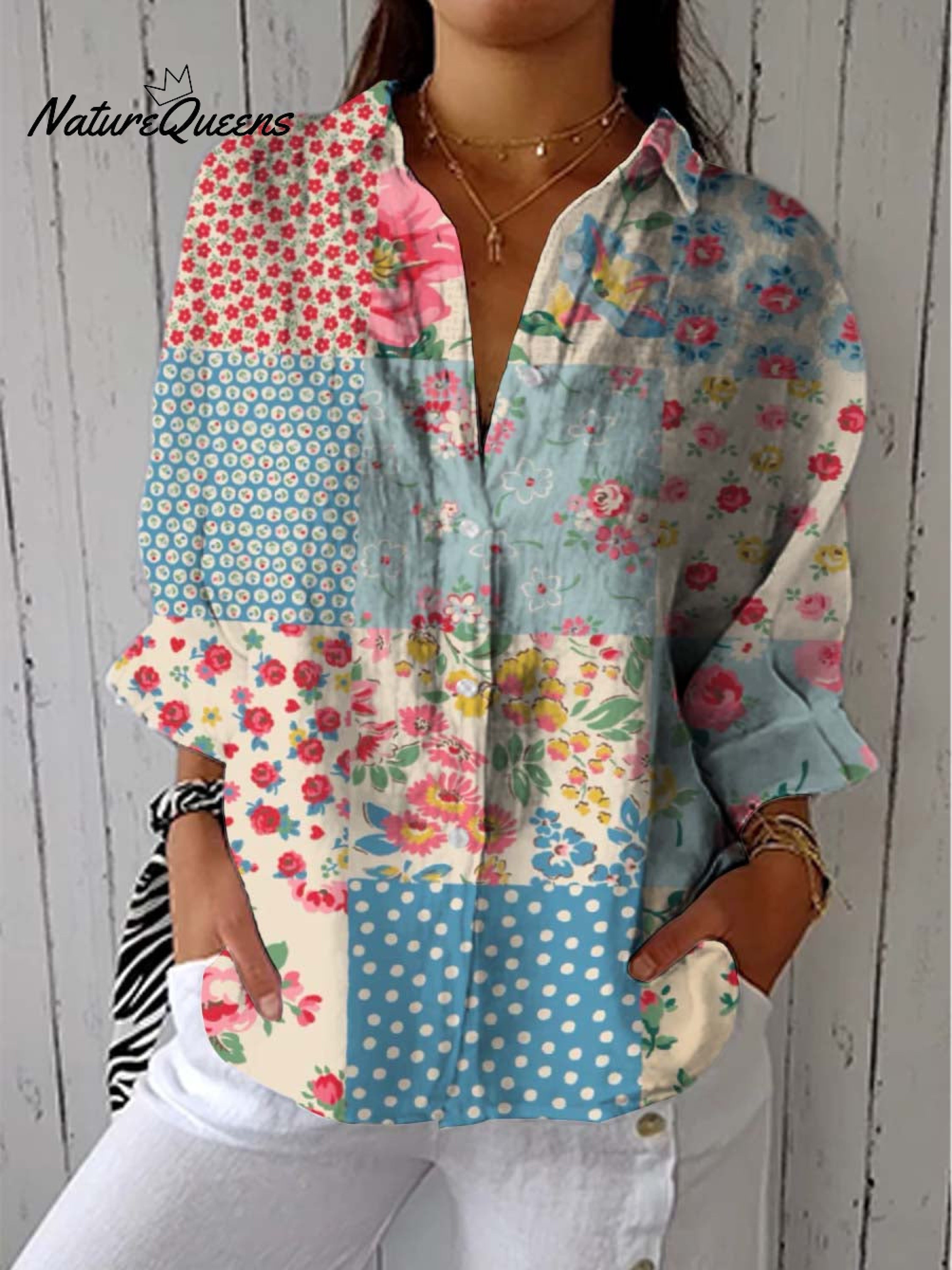 Women's Vintage Floral Patchwork Pattern Art Print Casual Linen V-neck Shirt