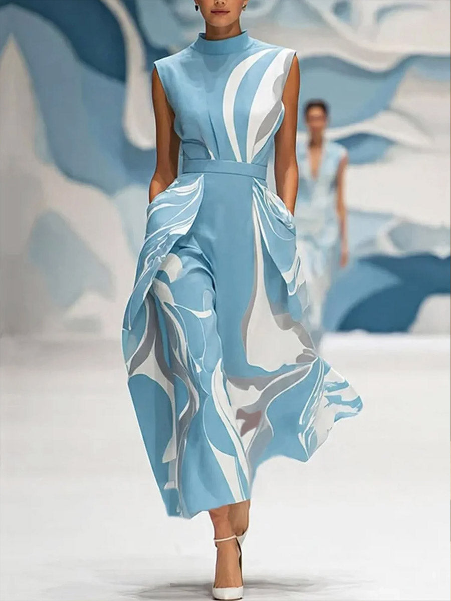 Women's Abstract Print Stand-collar Sleeveless Loose-fit Casual Dress