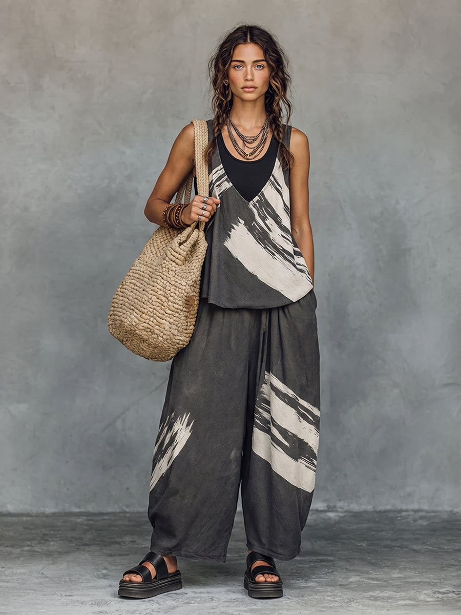 Casual Brushstroke Print Cotton Two-piece Set