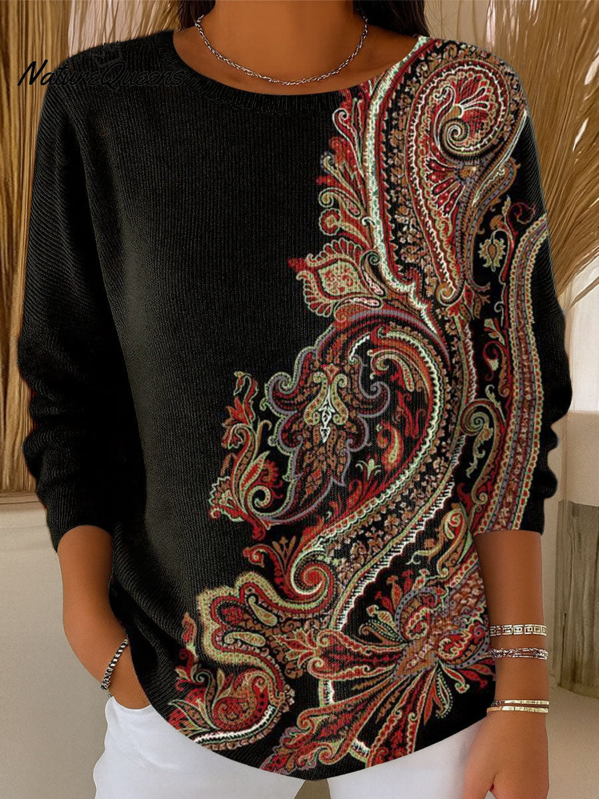 Women's Vintage Flower Art Printed Casual Pullover Sweater