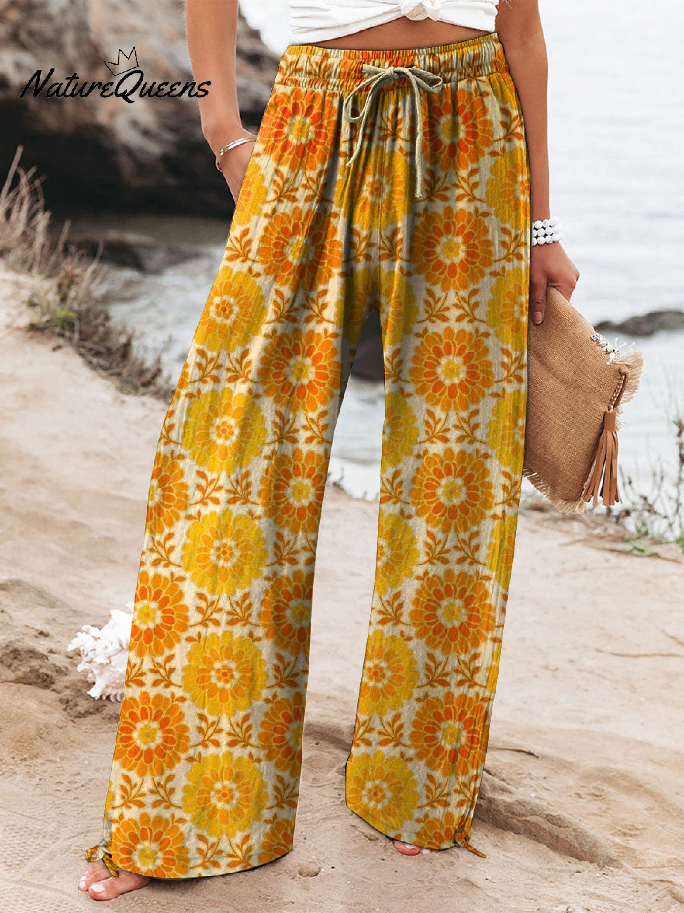 Summer Gerbera Floral Pattern Printed Women's Cotton And Linen Casual Pants