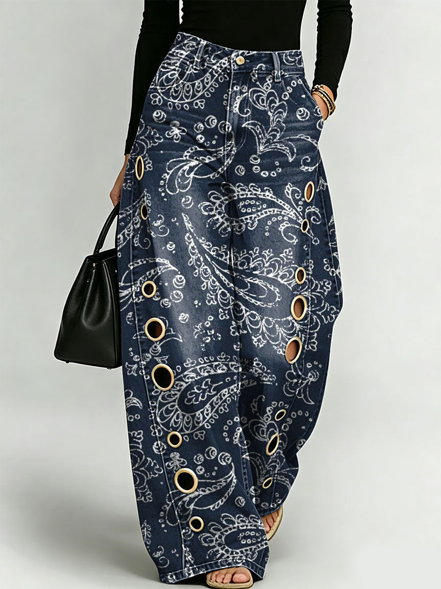 Exotic Vintage Paisley Decorative Pattern Women's Cotton Denim Pants