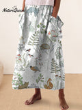 Woodland And Animal Pattern Printed Women's Linen Pocket Skirt