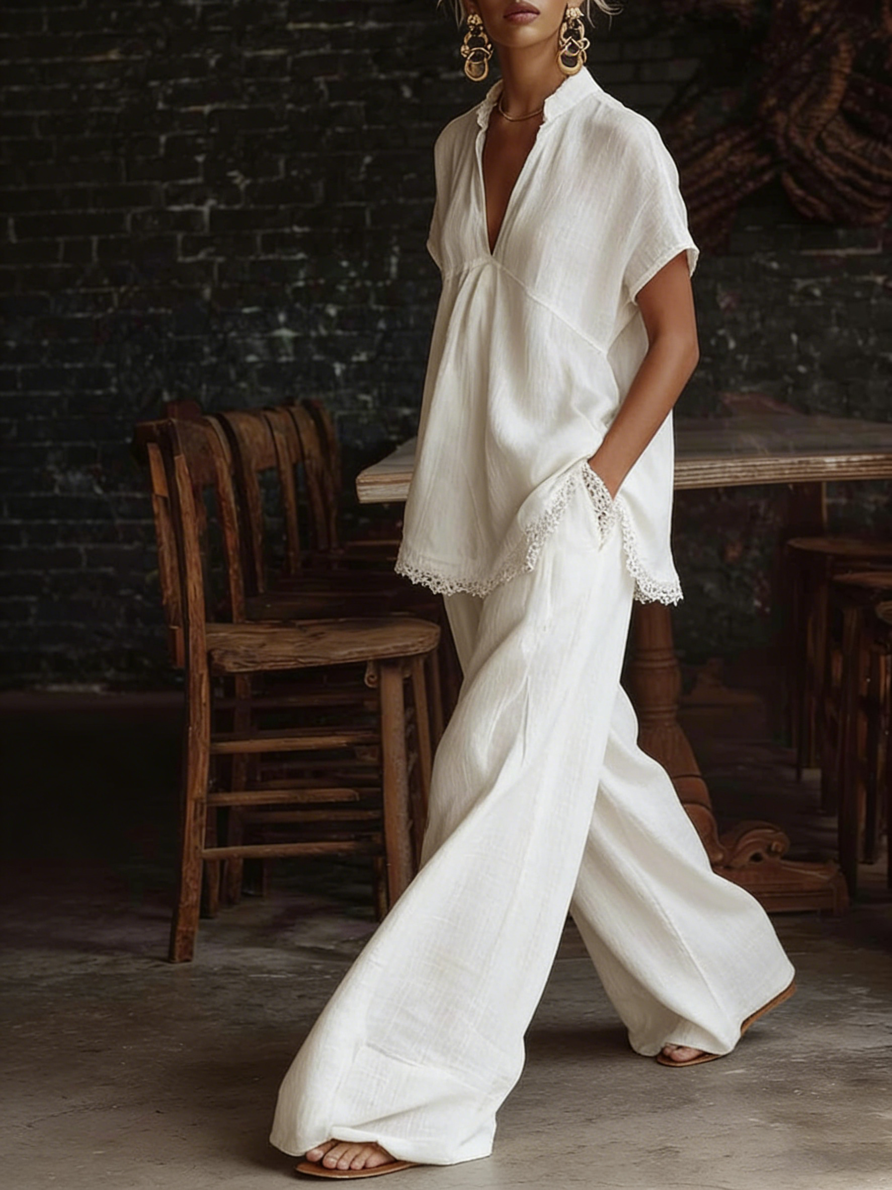 Retro Lace-hem Cotton-linen Two-piece Set
