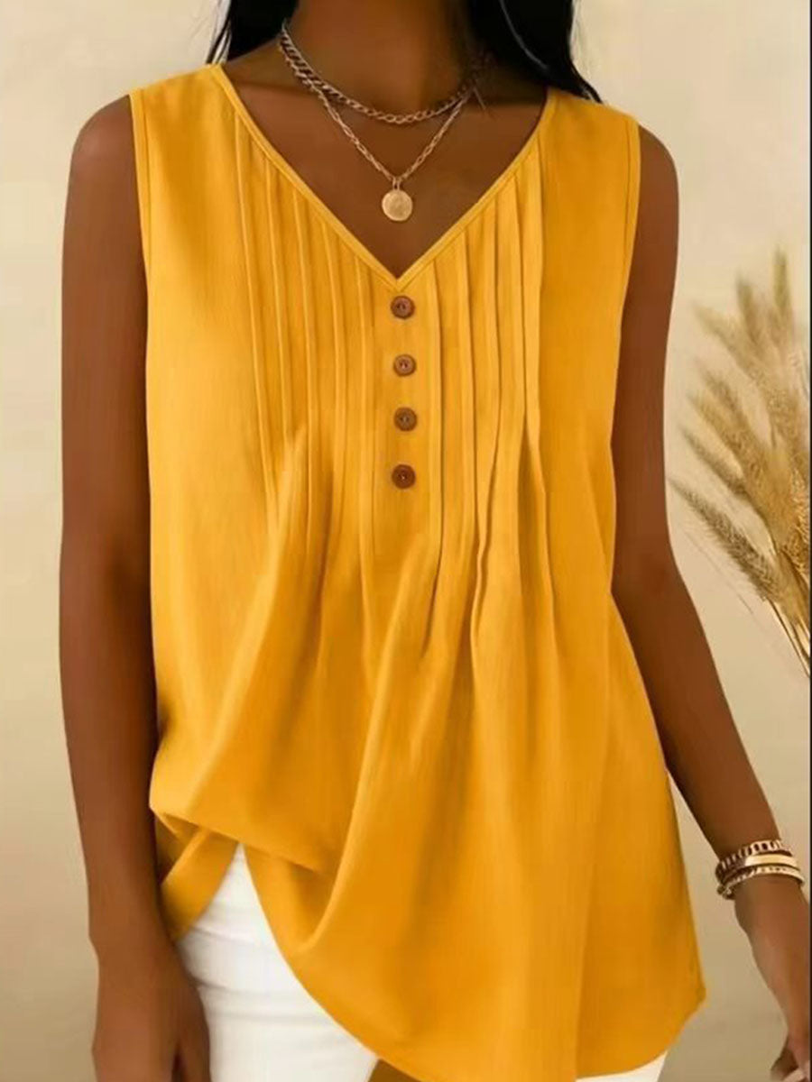 Women's V-neck Pleated Solid-color Sleeveless Top