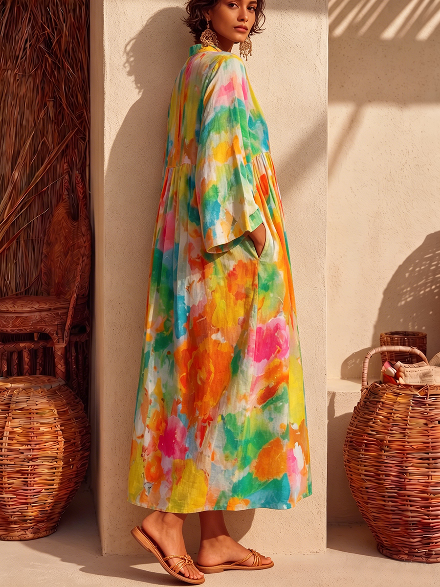 Romantic Watercolor Print Cotton-linen Maxi Dress