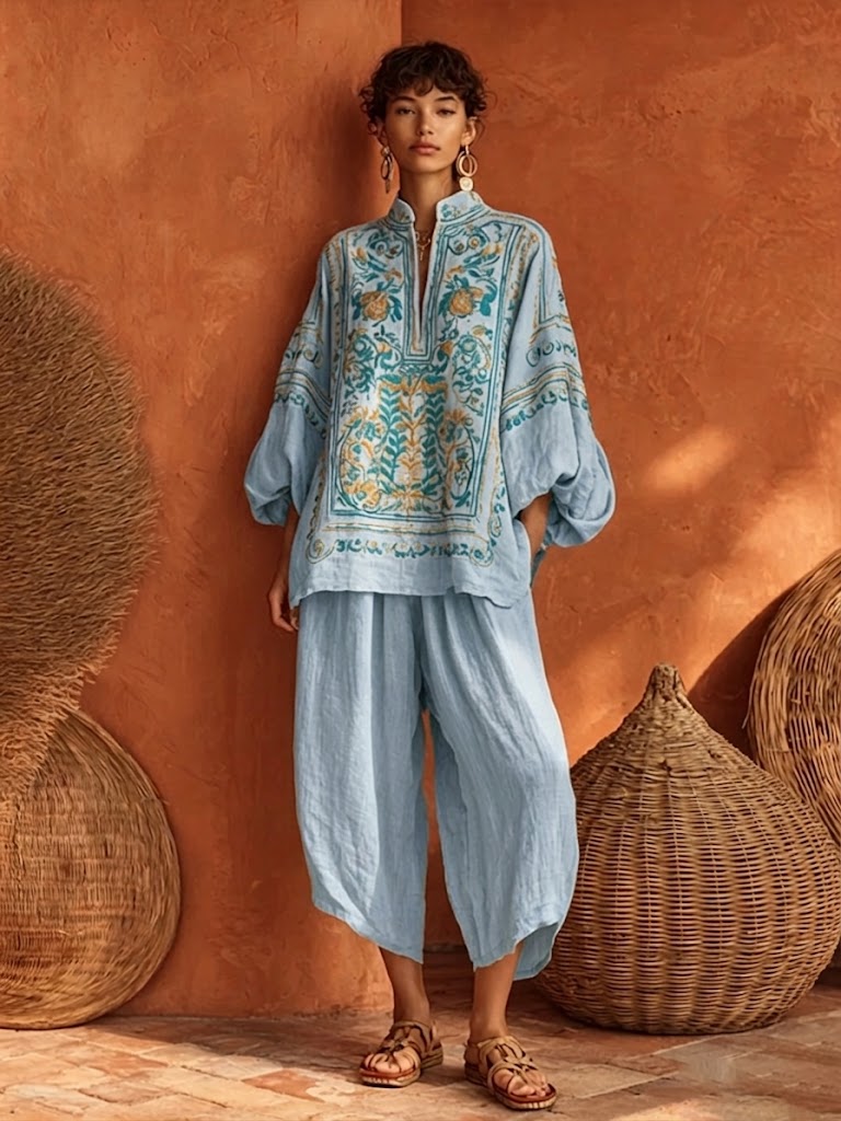 Bohemian Floral Print Linen And Cotton Two-piece Top And Pants Set