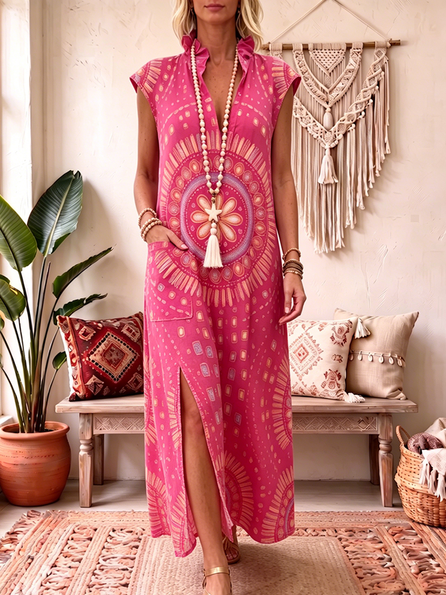 Bohemian Floral Print Cotton-linen Dress