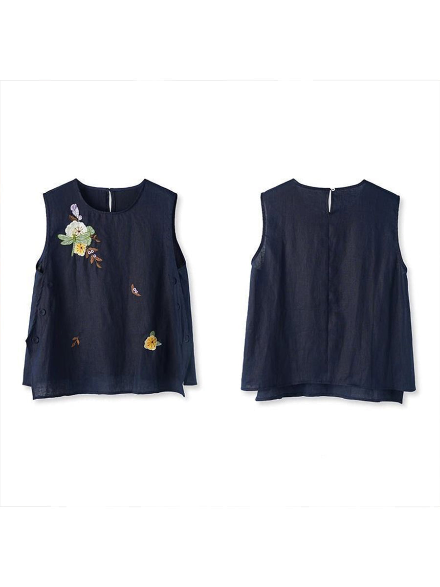 Casual Embroidered Linen And Cotton Sleeveless Top