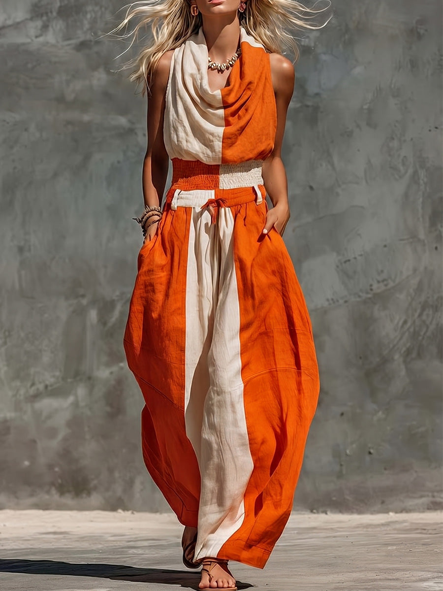 Women's Drape-neck Sleeveless Cotton-linen Jumpsuit
