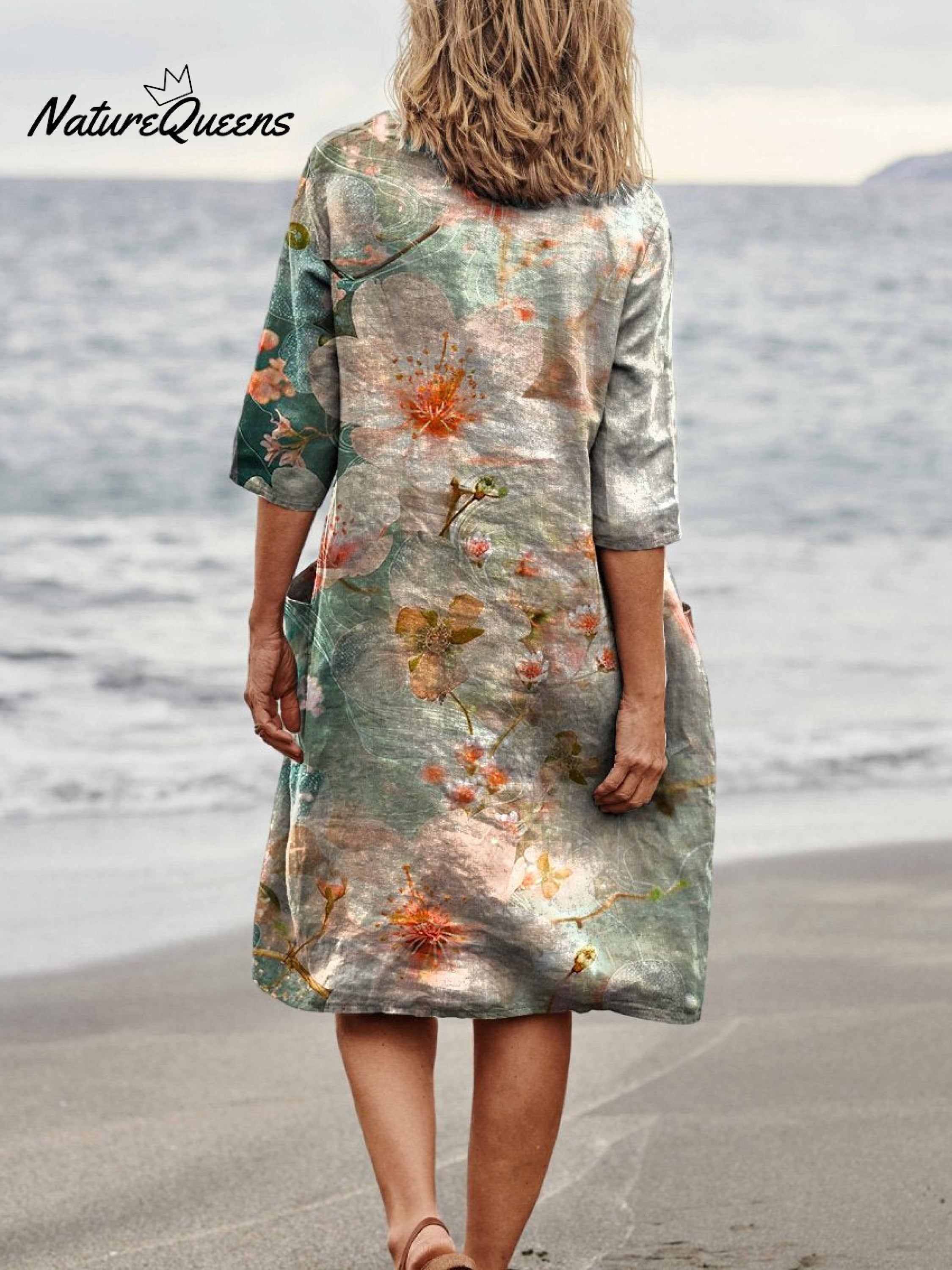 Spring Cherry Blossom Floral Close-up View Art Women's Linen Pocket Tunic Dress