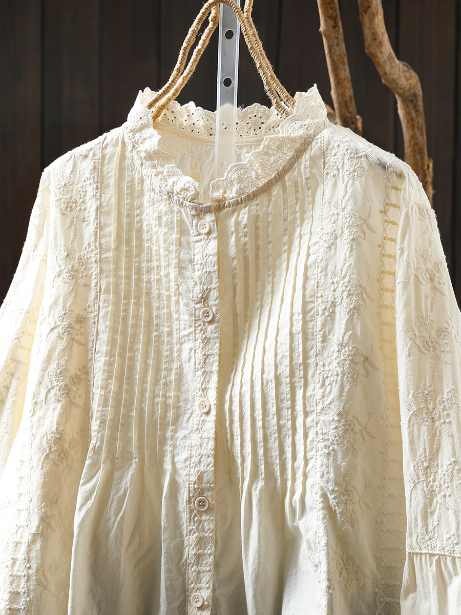 Plus Size Women Winter Artsy Stand Collar Embroidery 100%Cotton Shirt