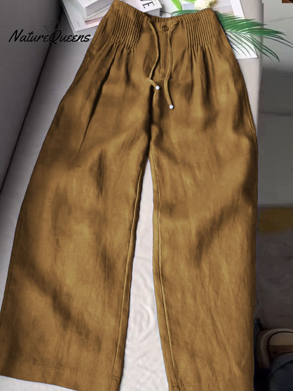 🔥Limited time promotion Women's Solid Color Pleated Drawstring Casual Cotton and Linen Wide Leg Pants