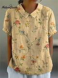 Women's Retro Floral Art Print Casual Cotton And Linen Shirt