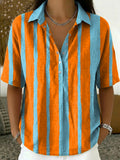 Women's Retro Color-block Striped Cotton-linen Short-sleeve Shirt