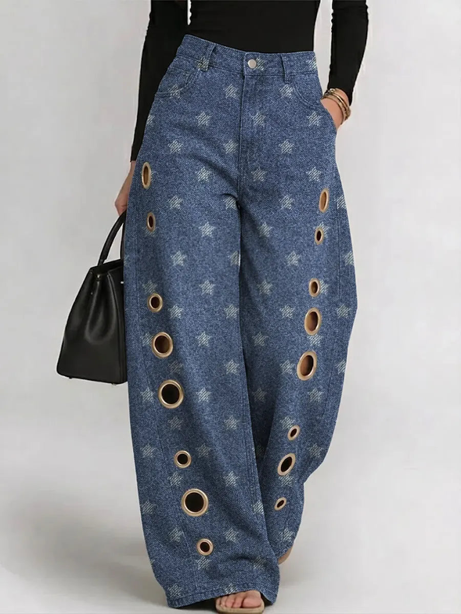 Women's Vintage Star Print Casual Fashion Cutout Jeans